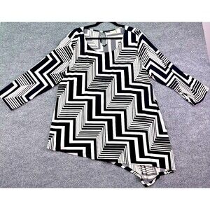 Chicos 3 Black White Geometric Asymmetrical Tunic Top 3/4 Sleeve Stretch